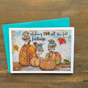 Fall Feelings Greeting Card - Autumn Bird Pumpkin Art Notecard - October Halloween Thanksgiving - Positive Saying Quote Gift - Boho Nature