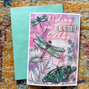Belle carte de voeux d'anniversaire - Carte de correspondance d'art papillon libellule fleurs sauvages bohèmes - Rose cadeaux de moins de 10 ans pour elle - aquarelle d'été