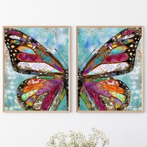 Woodland Butterfly Art Prints - Set Of 2 - Rustic Pretty Woodland Nature Butterfly Wing Wall Decor - Happy Colorful Whimsical Plant Meadow