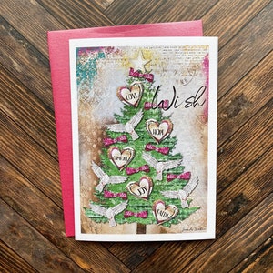 Tarjeta de felicitación navideña con árbol de deseos - Tarjeta navideña de invierno - Arte de la paloma de la paz del bosque - Amor, esperanza, consuelo, alegría, fe, amigos y familia