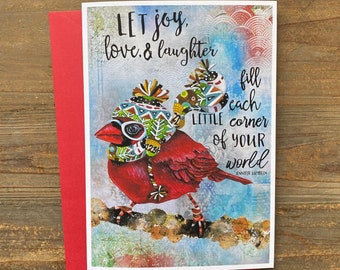 Let Joy Bird Greeting Card - Christmas Holiday Cardinal Art Notecard - Watercolor Woodland Boho Gift - Joy Love - Bright Positive Quote Gift
