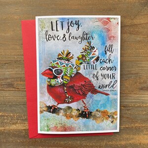 Cartão de felicitações Let Joy Bird - Cartão de notas com arte cardinal para o feriado de Natal - Presente Boho em aquarela para bosques - Joy Love - Presente com citação positiva e brilhante