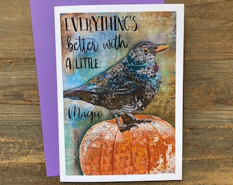 Autumn Magic Greeting Card - Fall Halloween Raven Pumpkin Art Notecard - Rustic Woodland Bird Watercolor Collage Painting - Positive Quote