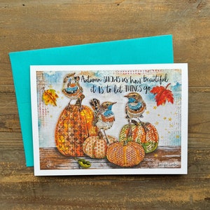 Belle carte de voeux d'automne - Art rustique boisé de citrouilles d'oiseaux d'automne - Carte de correspondance aquarelle nature - Carte de correspondance d'Halloween d'octobre - Cadeau