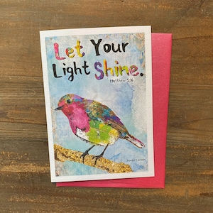 Laissez votre lumière carte de voeux - carte de voeux d'artiste bohème chrétien - peinture oiseau papillon - cadeaux de moins de 10 ans pour elle - jolie oeuvre d'art estival