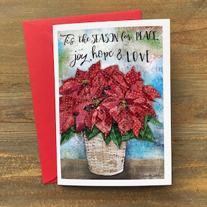 Carte de voeux de Noël Peace Poinsettia - Carte de correspondance d'art - Joy Hope Love - Plante rustique - Aquarelle de vacances d'hiver Boho - Citation positive