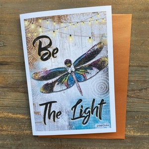 Be The Light Dragonfly-wenskaart - Christian Art Notecard - geschenken onder de 10 - rustieke boho vlinder aquarel kunstenaar voor haar