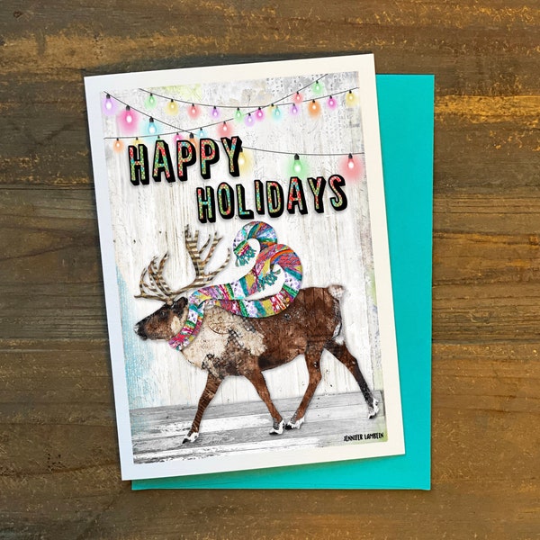 Happy Holidays Greeting Card - Christmas Notecard With Reindeer - Winter Woodland Artist Animal Card - Festive Whimsical Gifts Under 10