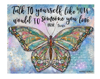 Talk To Yourself Art Print - Rustic Boho Woodland Boho Stars Wall Decor - Whimsical Watercolor Positive Quote - Brene Brown - Gift For Her