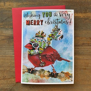 Tarjeta de felicitación navideña con pájaro - Tarjeta con diseño de cardenal navideño - Acuarela festiva, estilo bohemio, con cita positiva, regalos por menos de 10 dólares