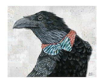 Raven Croft Art Print - Rustic Watercolor Bird Wall Decor - Whimsical Retro Vintage Bowtie Home Gift - Nature Animal Collage - Red And Teal