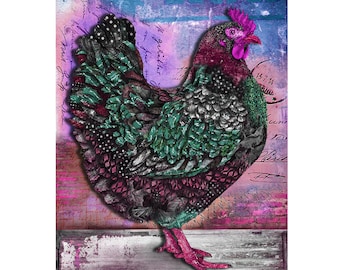 Hot Pink Hen - Pretty Maximalist Chic Chicken Wall Decor - Magenta Whimsical Teal Animal Room - Home Gifts For Her Under 50 - Bright Happy