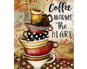 Coffee Heart Art Print -  Rustic Retro Vintage Coffee Cup Wall Decor - Coffee Lover Gift Home Decor - Watercolor Painting Gifts Under 50