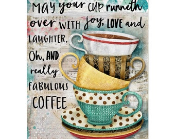 Fabulous Coffee Art Print - Joy Love Laughter Positive Quote - Retro Vintage Coffee Cups - Kitchen Bakery Watercolor Wall Room Home Decor