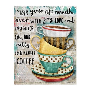 Fabulous Coffee Art Print - Joy Love Laughter Positive Quote - Retro Vintage Coffee Cups - Kitchen Bakery Watercolor Wall Room Home Decor