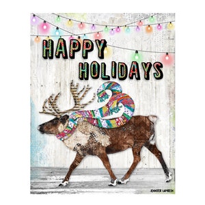 Art Print - Happy Holidays Reindeer  - Woodland Animal Home Decor - Nature Winter Room Decor - Rustic Boho - Watercolor Collage - Festive
