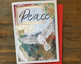 Peace Dove Greeting Card - Holiday Boho Bird Watercolor Art Notecard - Festive Pretty Positive Gifts Under 10  - Winter Woodland Painting