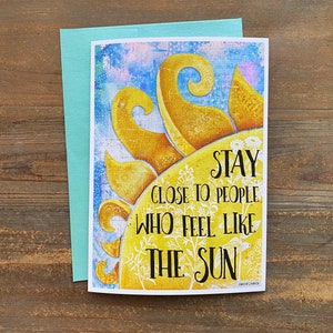 La tarjeta de felicitación del sol - Rustic Pretty Boho Wildflowers Nature Stars Acuarela Art Notecard - Cita positiva de amor propio - Amor de salud mental