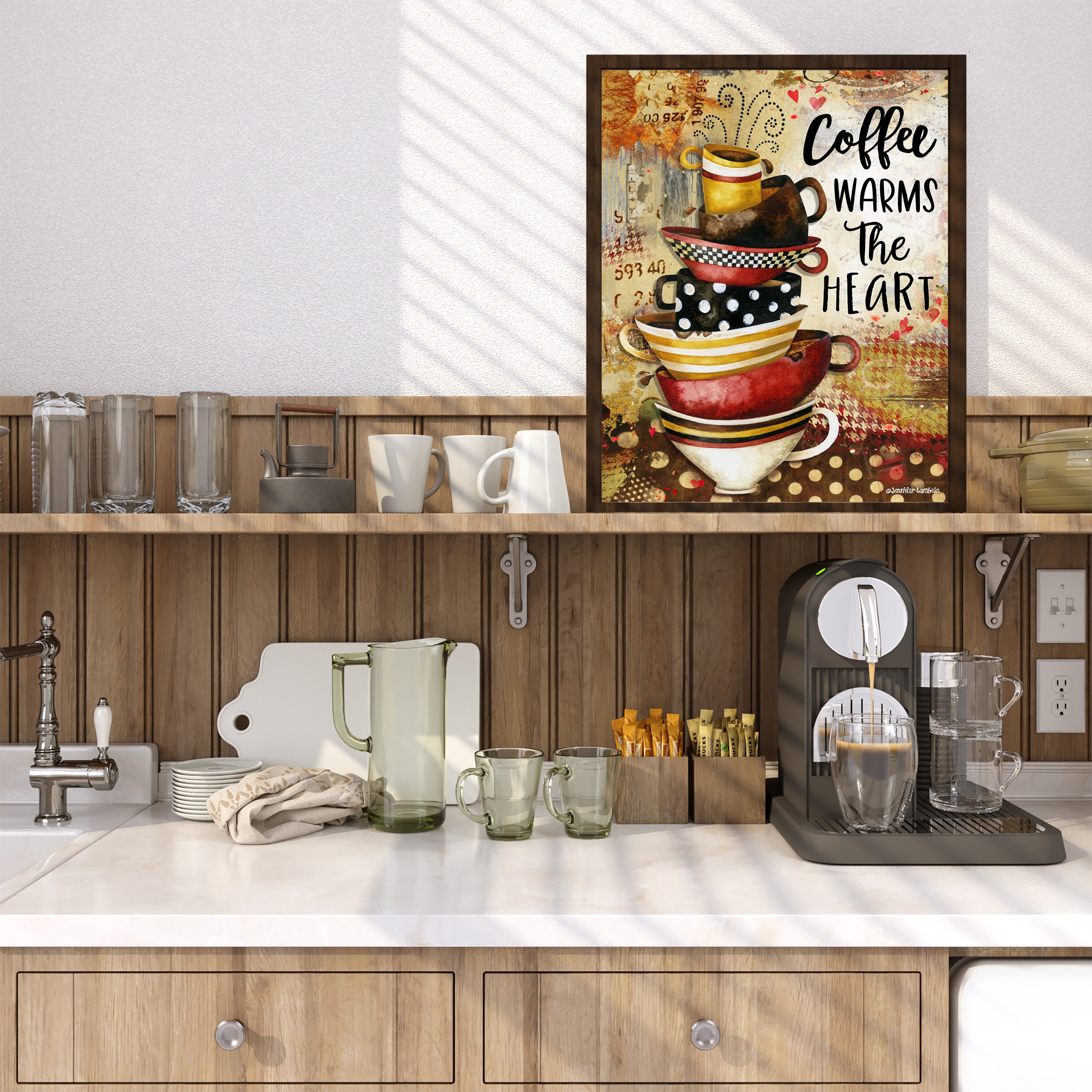 Stampa Su Tela Srart Cuore E Caffè | 29x38 Cm, Stile Retrò, Scritta In Inglese, Regalo Per Amanti Del Caffè - 2