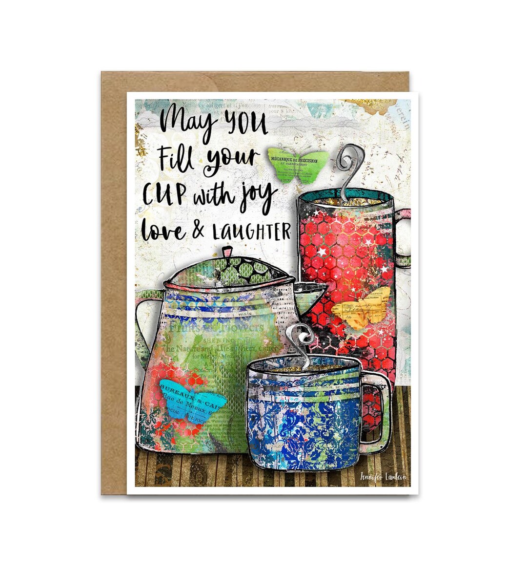 Joy Coffee Greeting Card - Butterfly Art Notecard - Rustic Boho Love ...