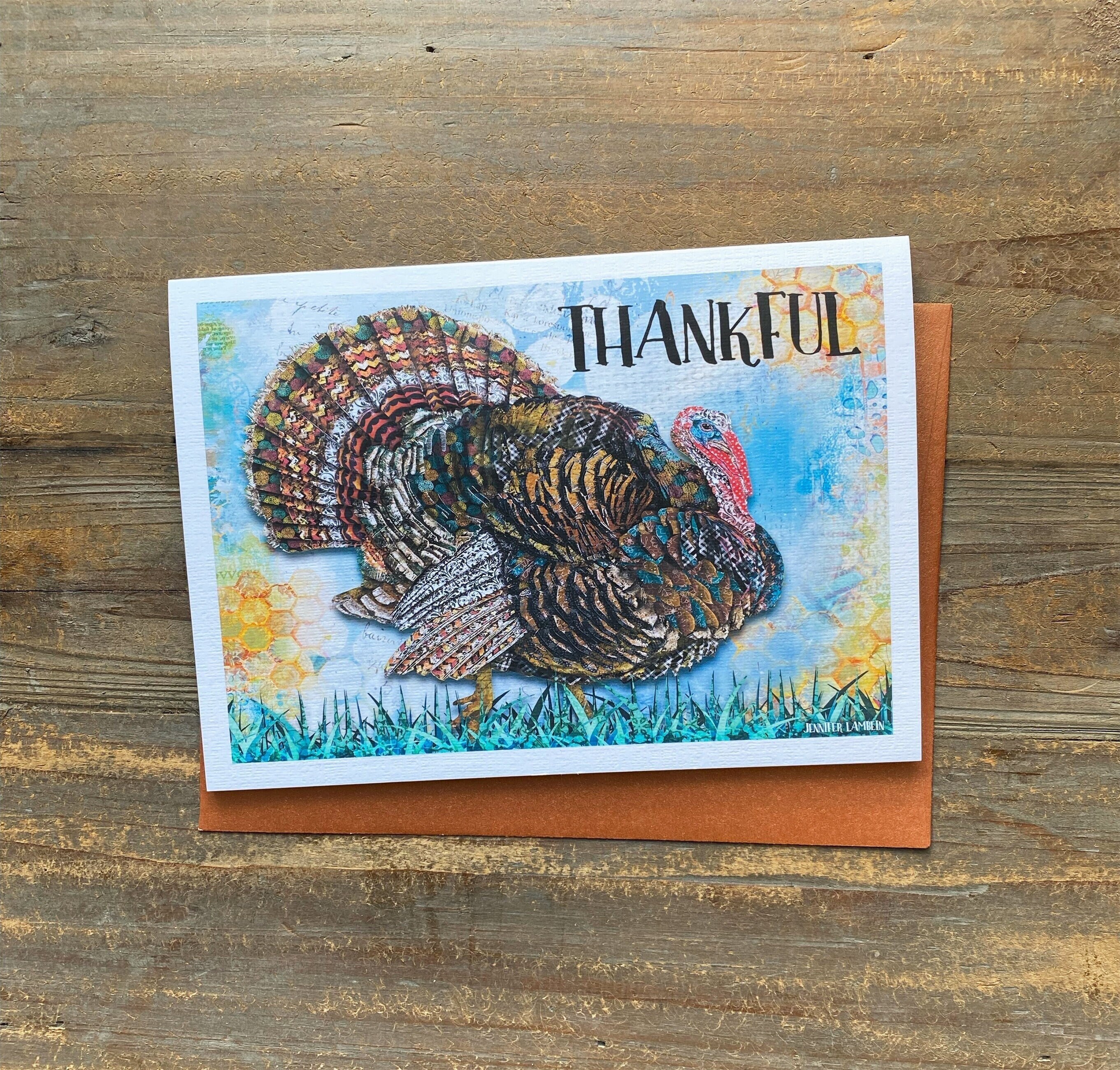Thankful Thanksgiving Turkey Greeting Card - Festive November Woodland Notecard - Watercolor Boho Bird Art - Artist Gifts Under 10