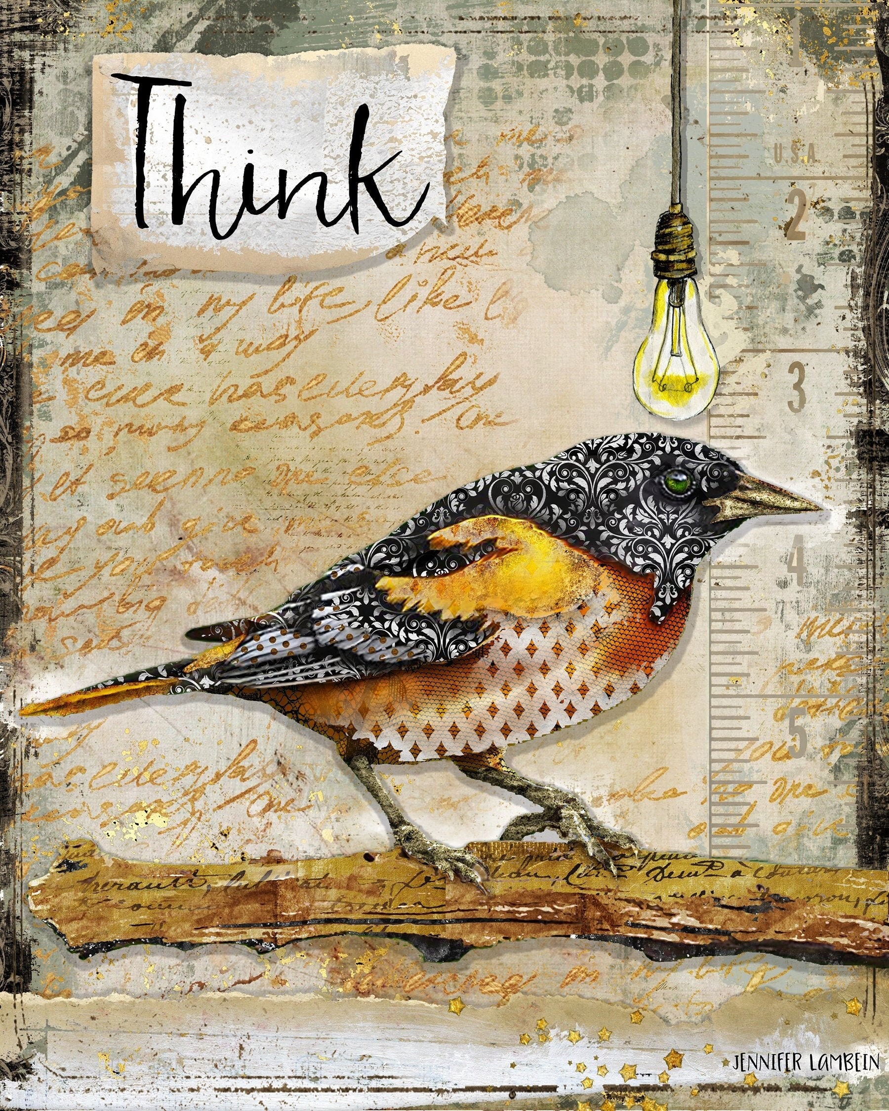 Think Birds Think Bird Art Print - Rustic Wall Decor - Industrial Steam Punk Script ...