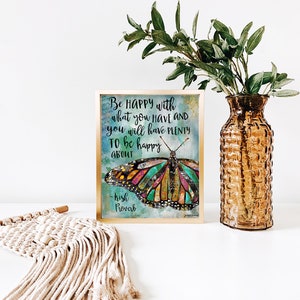 Be Happy Butterfly Art Print - Rustic Boho Cottagecore Summer Wall ...