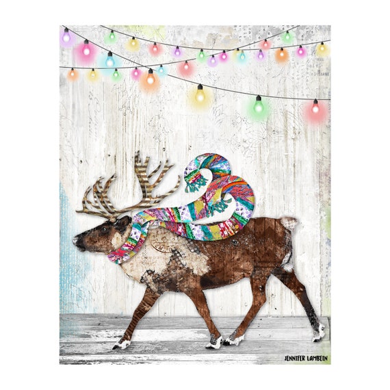 Winter Joy Reindeer Art Print Rustic Boho Woodland Animal Home Decor Watercolor Collage Nature Holiday Room Decor Festive Gift Etsy Canada