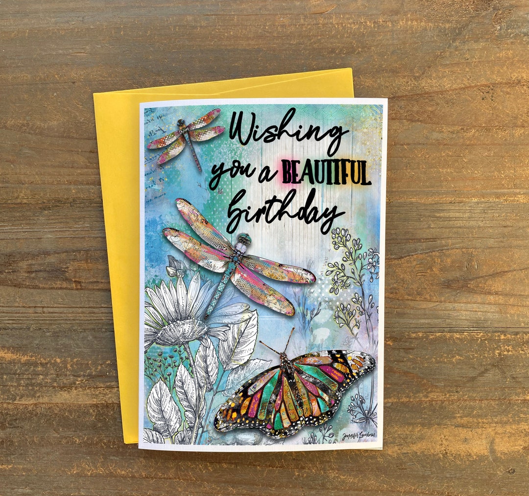 most beautiful birthday greeting cards Images High... Beautiful Birthday Greeting Card - Butterfly Dragonfly Boho Wildflowers ...
