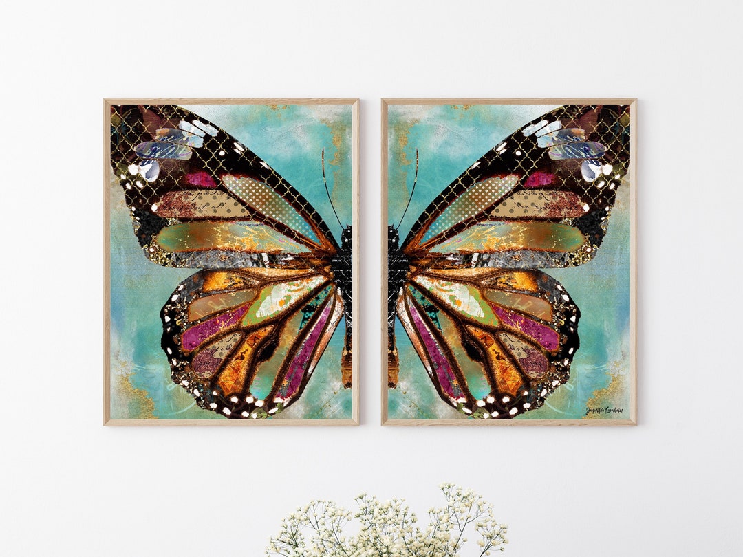 Blue Skies Butterfly Art Prints Set of 2 Rustic Pretty Woodland Nature