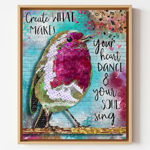 Create Bird Art Print - Cottage Boho Hearts And Music Wall Decor - Dance And Sing