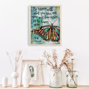 Be Happy Butterfly Art Print - Rustic Boho Cottagecore Summer Wall ...