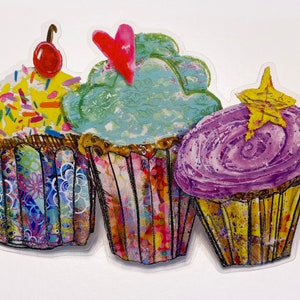 Cupcake Trio Sticker - Fun Pretty Flower Star Heart Cherry Birthday Dessert Art - Happy Colorful Whimsical Bakery Painting Gift For Her