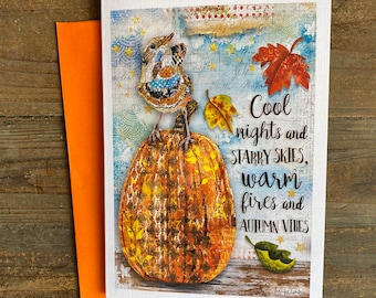 Autumn Vibes Greeting Card - Rustic Woodland Fall Bird Pumpkin Art - Nature Watercolor Painting - October Halloween Thanksgiving Notecard