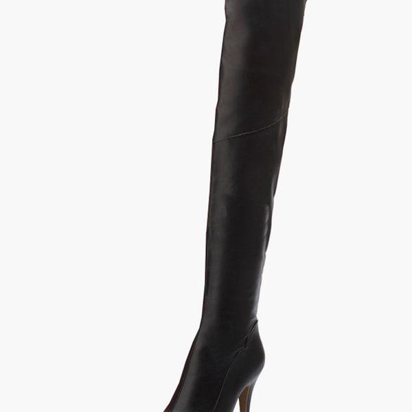 Thigh High Stretch  Pointed Toe PU Leather Over Knee Boots Black EU 39/ US 8