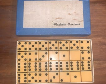 VTG Kompletny zestaw 28 domino Bakelite Puremco Mfg Co, czarne kropki z pudełkiem