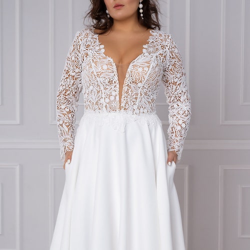 Long Sleeves Chiffon A-line Lace Boho Wedding Dress Bridal | Etsy