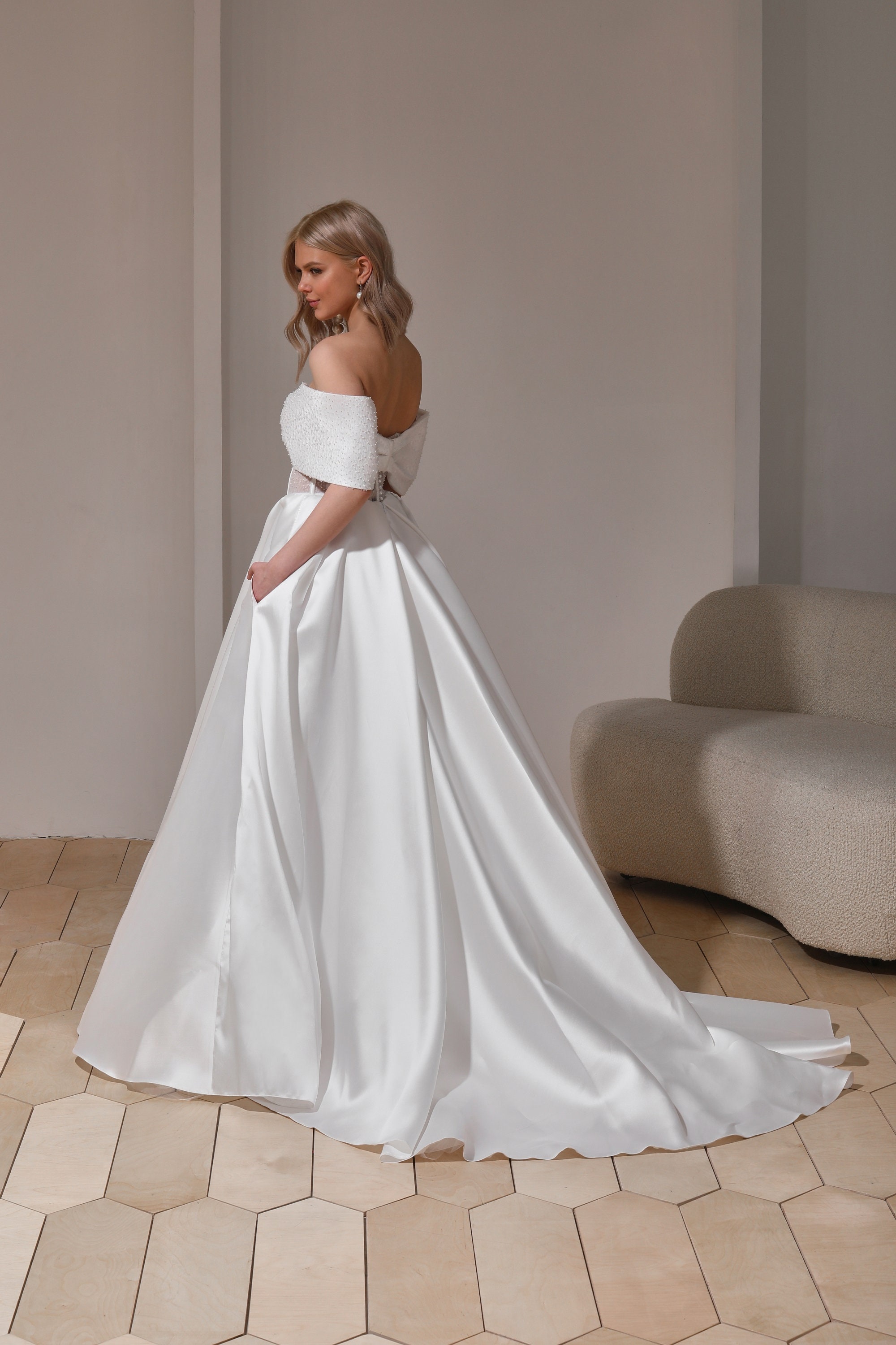 Romantic Wedding Dress Satin Wedding Dress off the Shoulder | Etsy