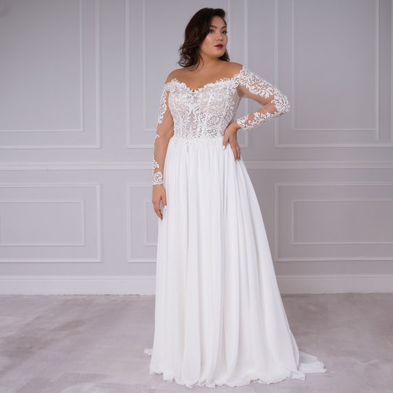 plus size off the shoulder long sleeve wedding dress