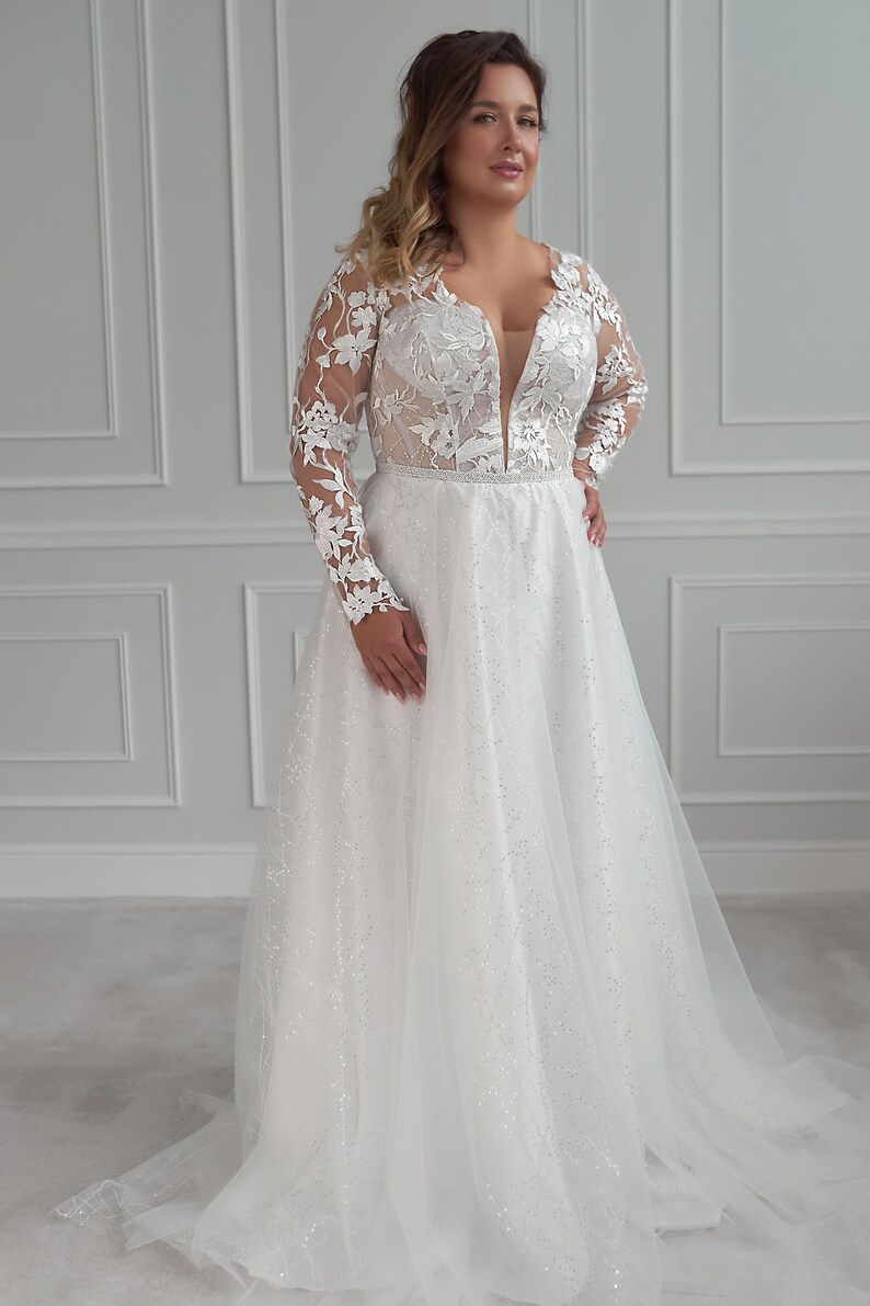 Sparkling plus size wedding dress with deep V-neckline sexy | Etsy