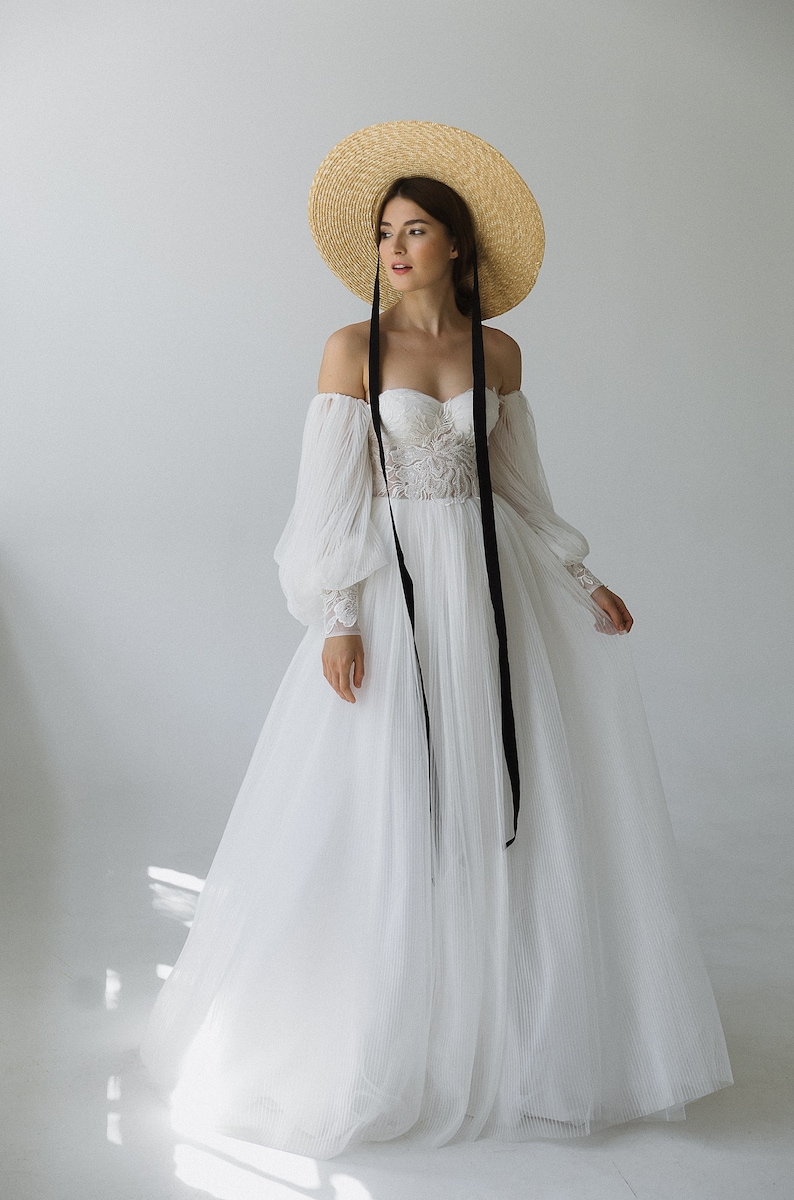 Pleated A-line wedding dress with detachable balloon sleeves | Etsy