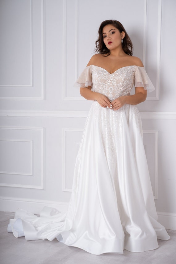 off the shoulder plus size wedding dress