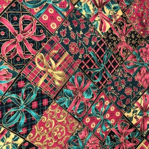May include: A fabric pattern featuring a repeating design of gift boxes and bows in a patchwork style. The boxes and bows are in shades of red, teal, and gold, with a black background. The fabric has a festive, holiday theme.