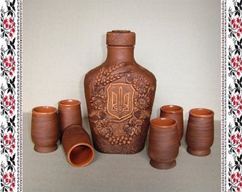 Clay set for alcohol decanter, bottle and glasses
