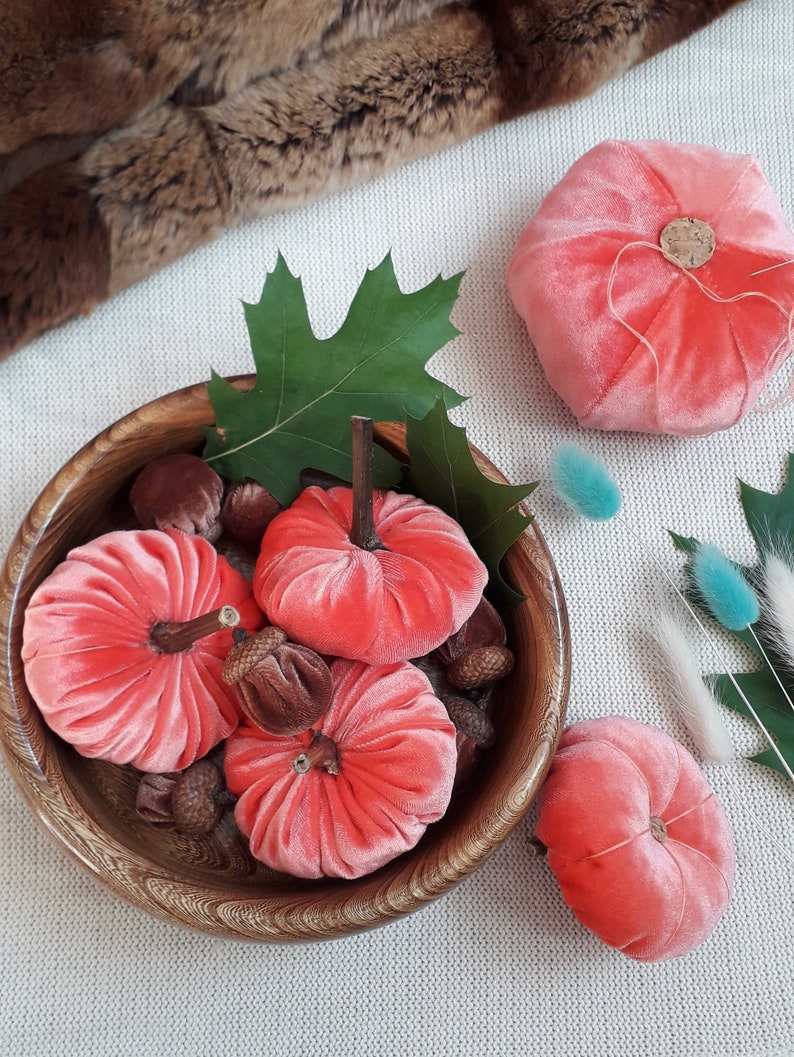 Set of pumpkins. vase set of pumpkins and acorns Halloween decor Orange pumpkins Velvet pumpkin set Fall table decor Fall decor