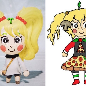 May include: A cartoon illustration of a girl with blonde pigtails wearing a red shirt, a black waistcoat, and a pizza-themed dress. She has a green mushroom on her head and a green leaf on top of that.