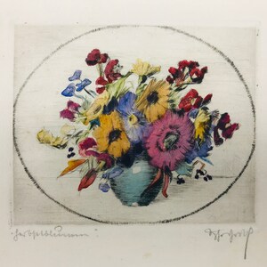 May include: A vintage print of a still life featuring a bouquet of colourful flowers in a blue vase. The flowers are arranged in a circle and include yellow, red, pink, and blue blooms. The print is signed by the artist, "Jas.  G.  Robertson", and "F.  Murphy".