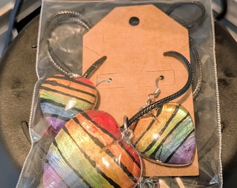 Rainbow Heart Necklace and Earrings Set: 3D Resin Jewelry