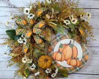 Fall wreath for front door, fall wreath with pumpkin sign and sunflowers, autumn pumpkin wreath, fall wreath on grapevine