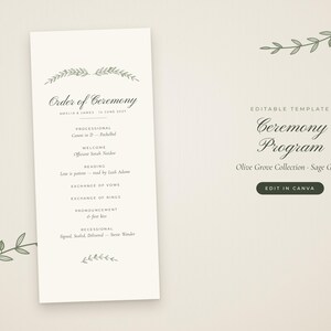 Sage Green Wedding Program Template, Olive Branch Order of Ceremony, Printable Canva Ceremony Program 4x9, Greenery Order of Service